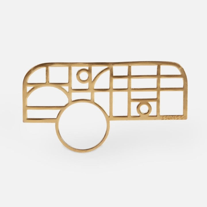 Gold metal ring with geometric grid design including circles and rectangles on white background