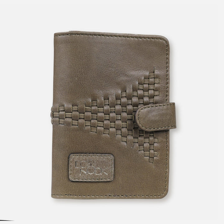 Timeless olive green leather passport cover with woven textured design and snap closure