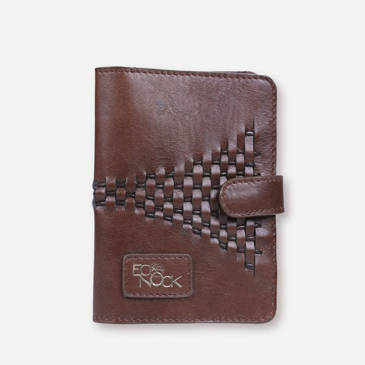 Brown leather EcoRock passport cover with woven leather design and snap closure