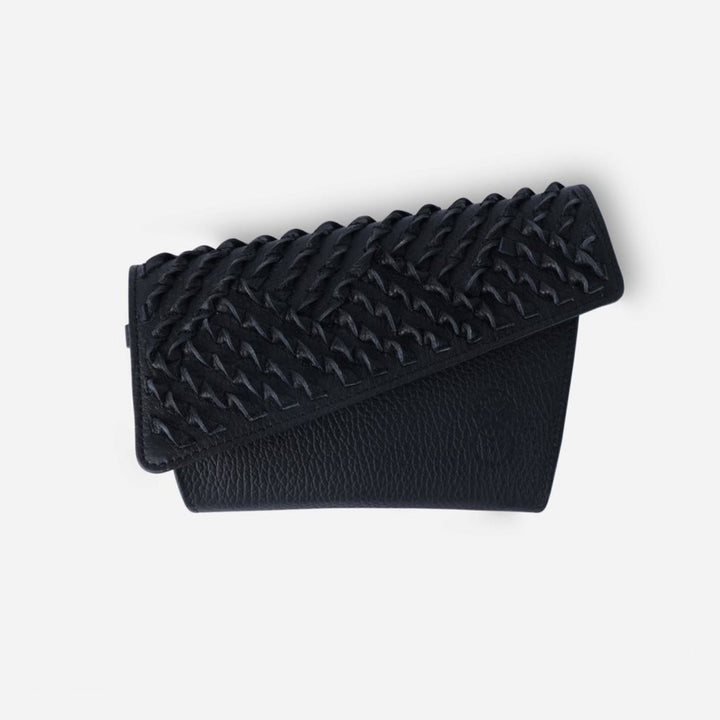 Black leather wallet with textured woven flap detail on white background