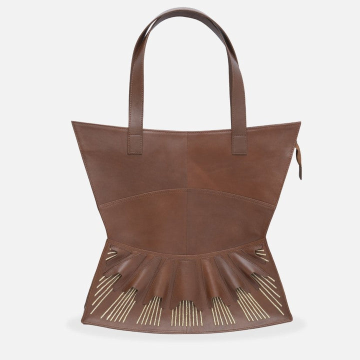 Brown leather tote bag with gold embroidery and pleated design, handcrafted in India