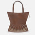 Brown leather tote bag with gold embroidery and pleated design, handcrafted in India