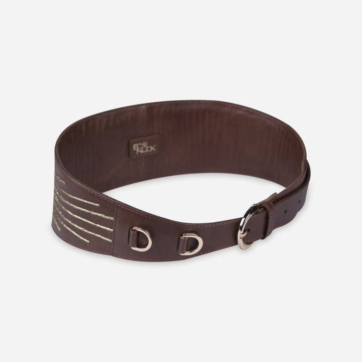 Timeless tan leather waist belt with golden embroidery and silver D-ring hardware, handcrafted in India