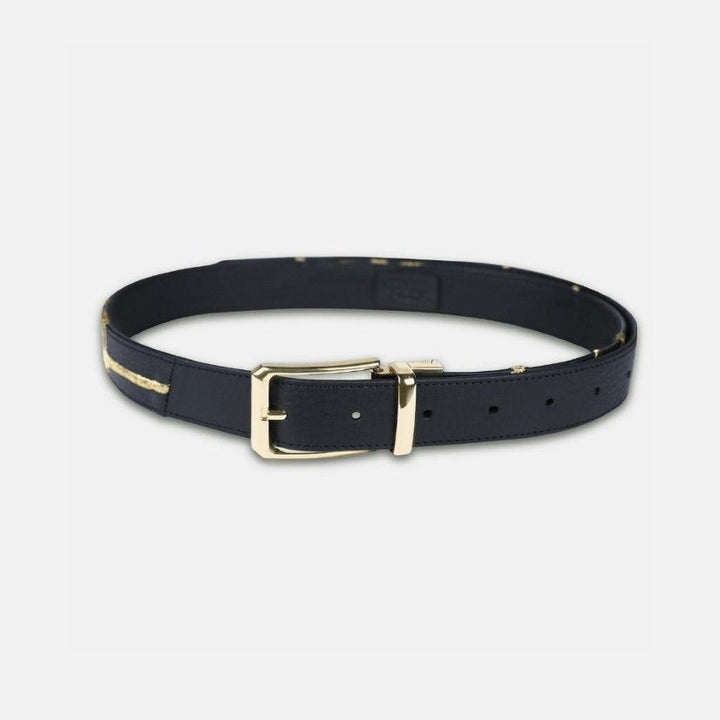 Black leather waistbelt with gold embroidery and gold buckle on white background