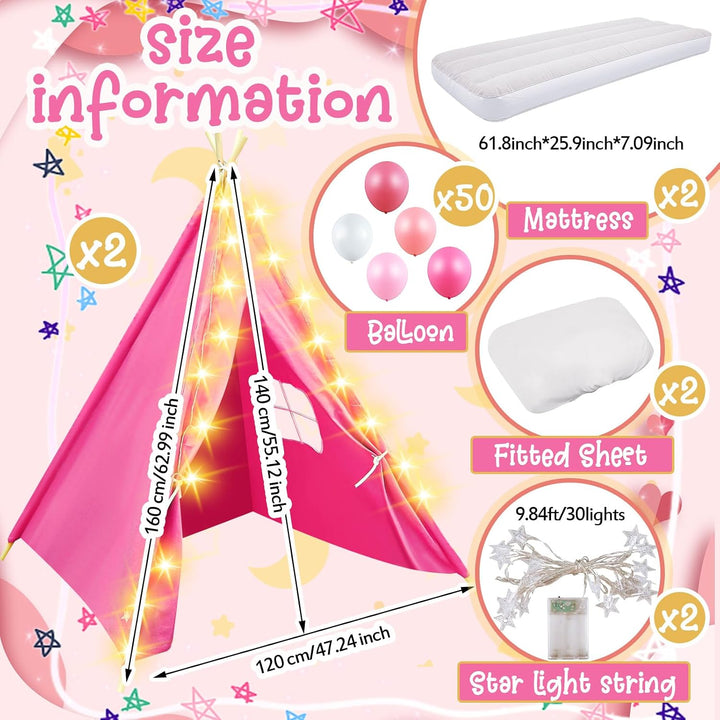 2-Piece Pink Kids Teepee Tent with Airbed & Star Lights
