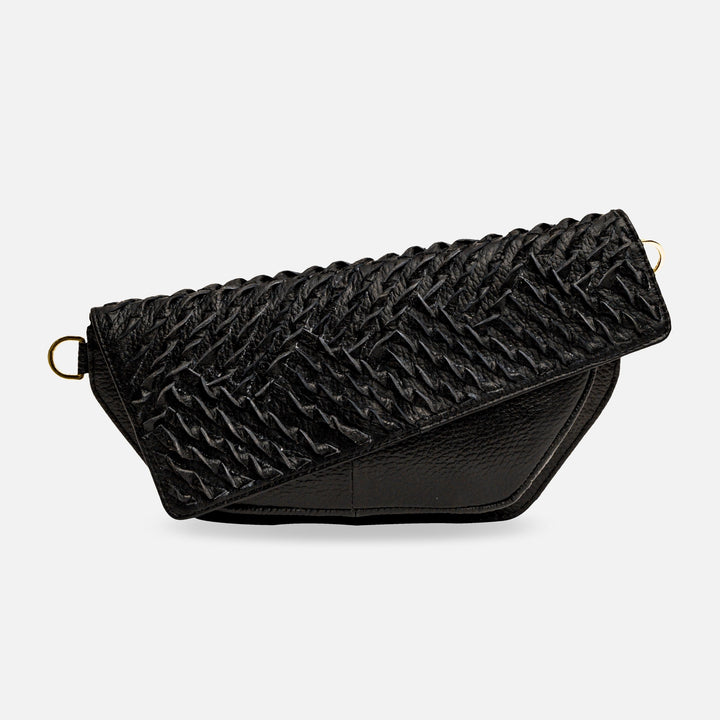 Black leather woven textured crossbody bag with gold-tone hardware on white background