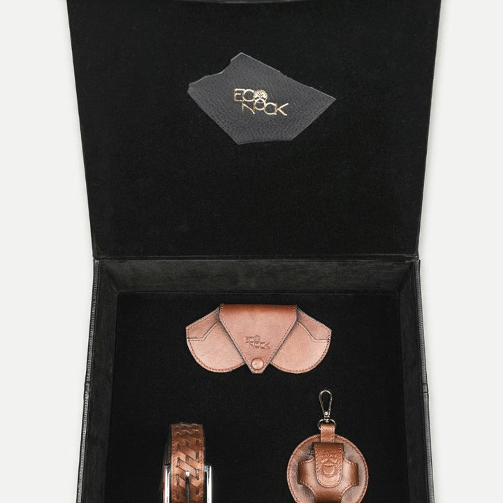 Timeless tan leather gift box set with handcrafted wallet, belt, and keychain in black velvet case