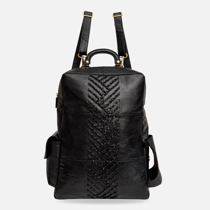 Black leather backpack with central woven design and adjustable straps on white background