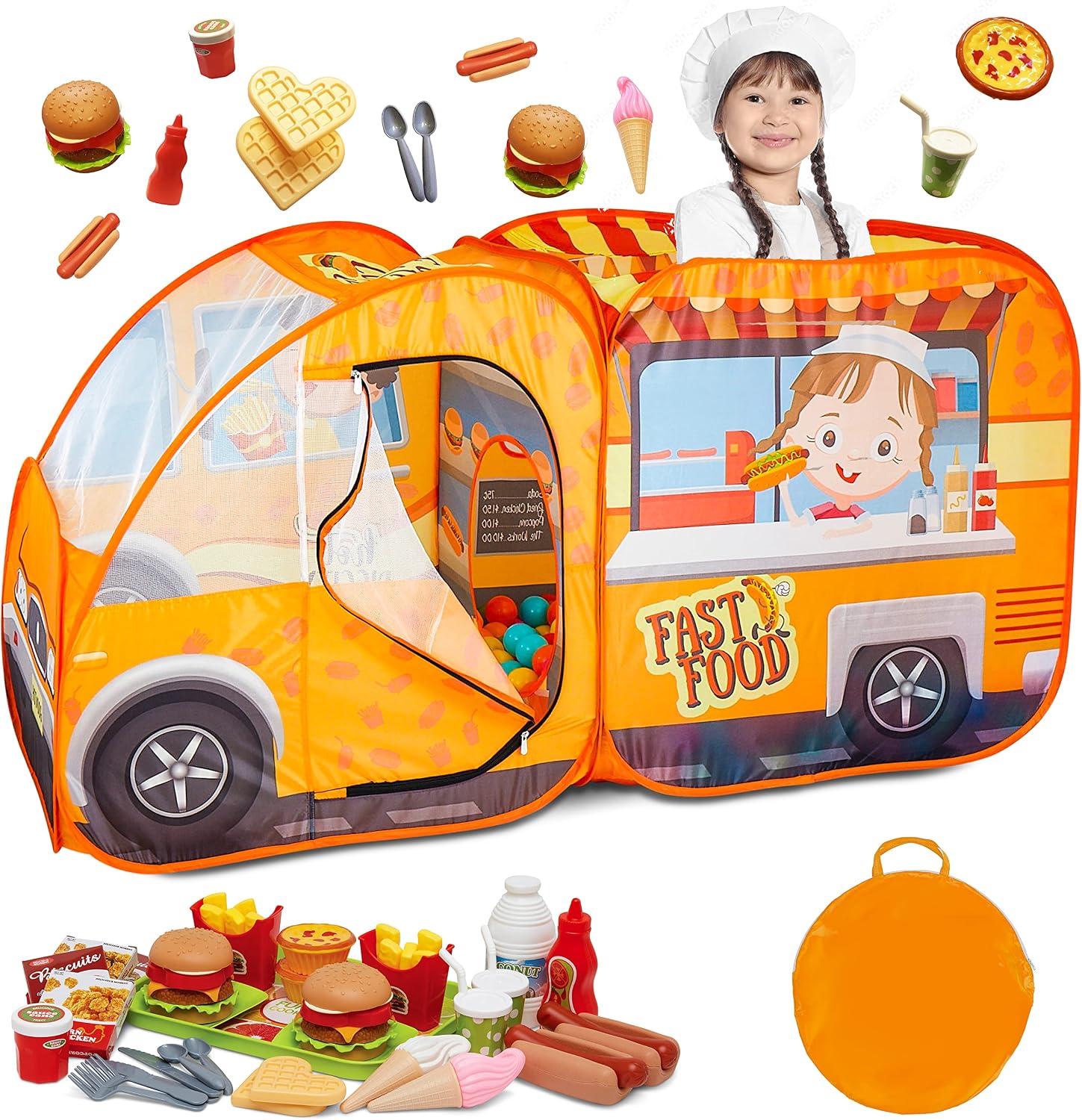 Kids Food Truck Play Tent with 54-Piece Food Set