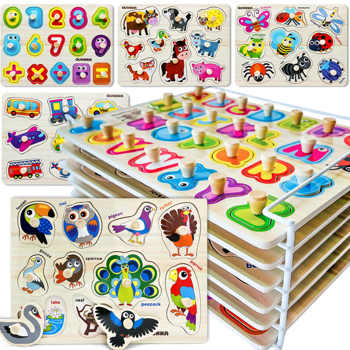 QUOKKA Wooden Puzzles for Toddlers 1-3 - 6XSET Toddler Puzzles Ages 2-4 with Rack - Learning Alphabet Numbers and Animals Toy Puzzles for Toddlers 3-5 - Wood Games Gift for Boys and Girls