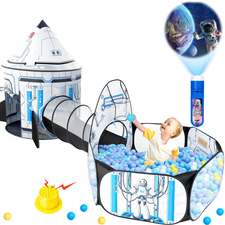 Kids Ball Pit for Play Tent： 3PC Baby Gifts with Roar Button and Projection Flashlight Kids Play Tents and Crawl Tunnel for Toddlers Pop Up Playhouse Toys for Baby Indoor Outdoor Games (White)