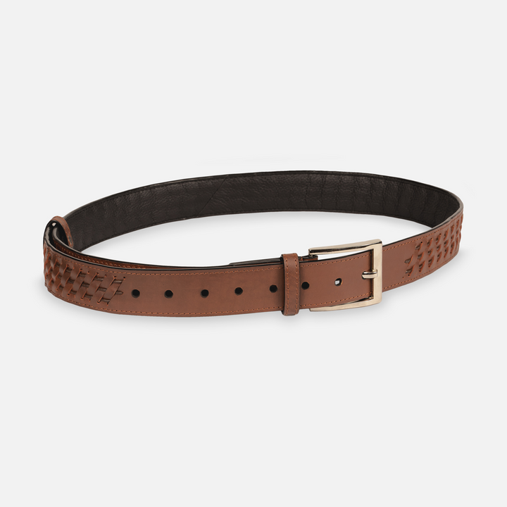 Timeless tan leather men's waist belt with woven detailing and metal buckle on white background