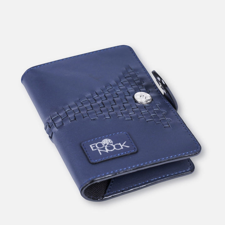 Timeless metallic blue leather upcycled passport cover with woven detail and snap button
