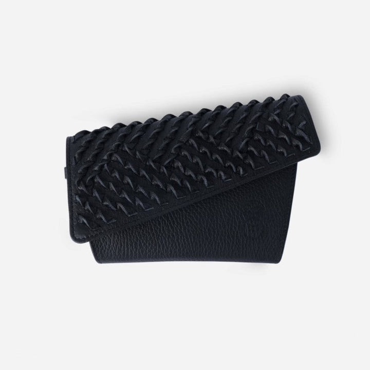 black leather trifold wallet with braided woven detail on flap, isolated on white background