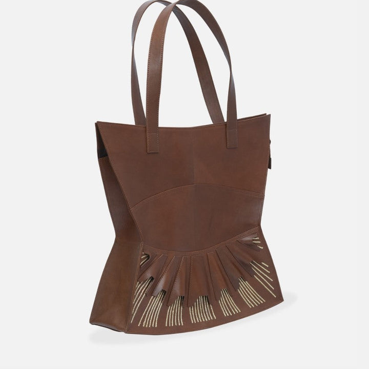 Brown upcycled leather tote bag with gold embroidered fan-shaped design and dual straps
