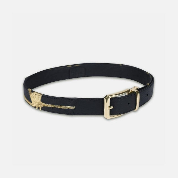 Black leather waist belt with gold embroidered design and gold metal buckle on white background