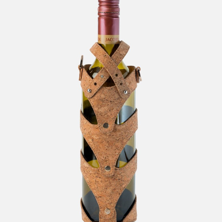 Wine bottle with unique cork strap harness on white background