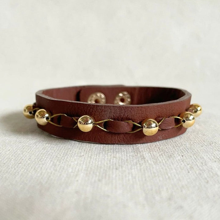 Timeless tan leather bracelet with upcycled beaded gold studs, handcrafted unisex accessory