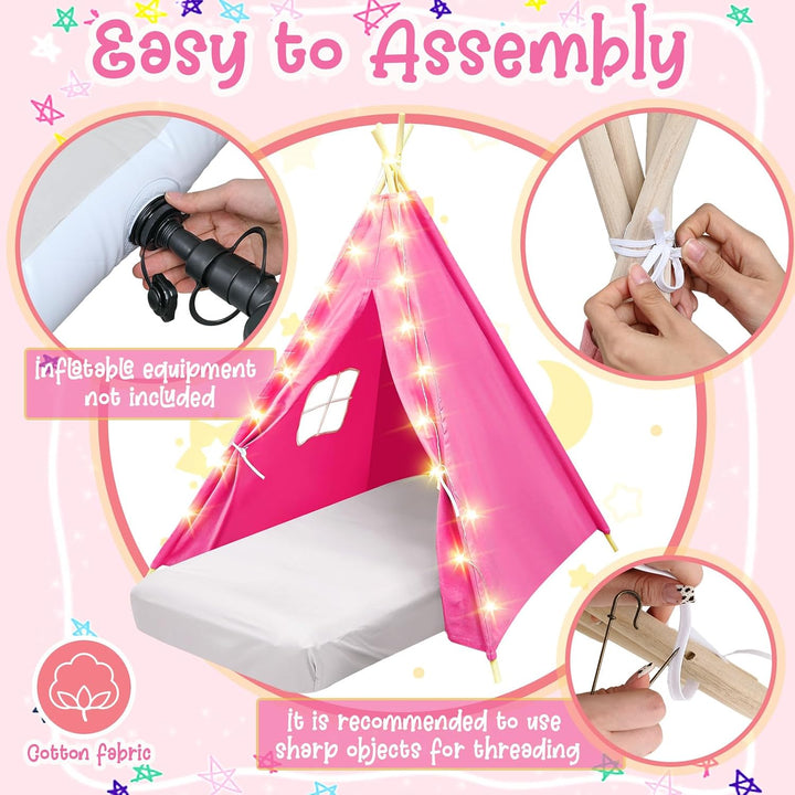 2-Piece Pink Kids Teepee Tent with Airbed & Star Lights