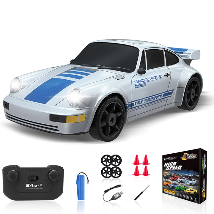 YUAN PLAN Remote Control Car RC Cars Toys for Boys 1/24 2.4GHz 4WD RC Drift Car Silver Racing Drift Hobby Racing Car Toys with Light Rechargeable Battery and Drift Tires Xmas Toys for Kids