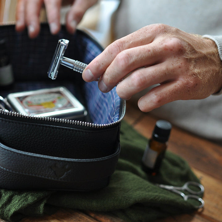 Premium Leather Dopp Kit with Zipped Netted Storage & Carrying Handle