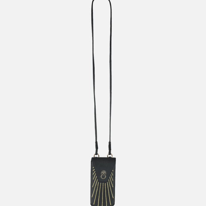 Black leather phone sling bag Iphone pocket with gold embroidered sun rays and long strap