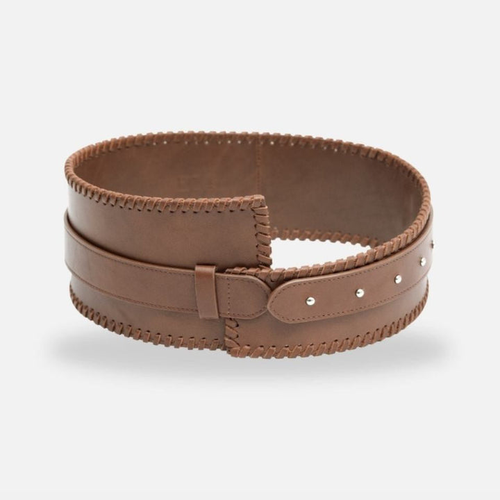 Timeless tan leather waistbelt with woven edges and silver studs, handcrafted in India
