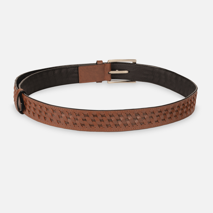Timeless tan leather men's waist belt with woven design and silver buckle