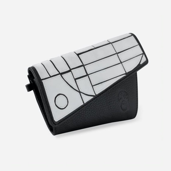 Black and white leather trifold wallet with geometric stitching, embossed logo, handmade