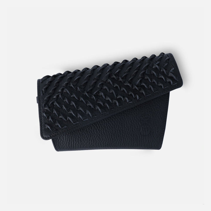 black leather trifold wallet with woven textured flap on white background