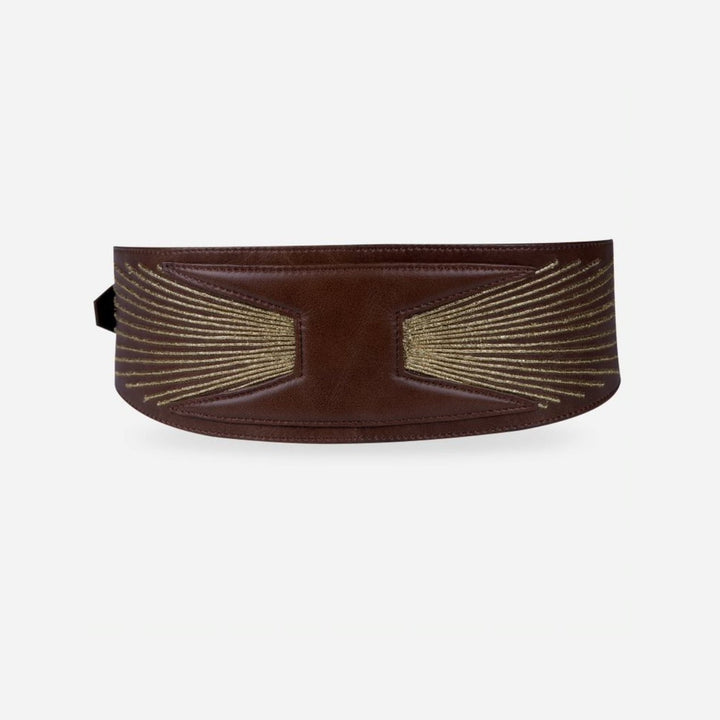 Timeless tan leather waistbelt with golden embroidery and adjustable design on white background