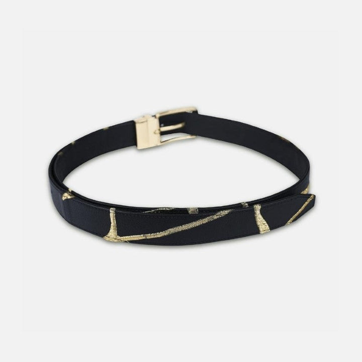 Black leather adjustable waist belt with gold embroidered abstract design and gold buckle