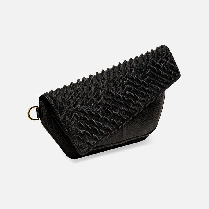 Black textured leather wallet with woven pattern and gold ring on white background