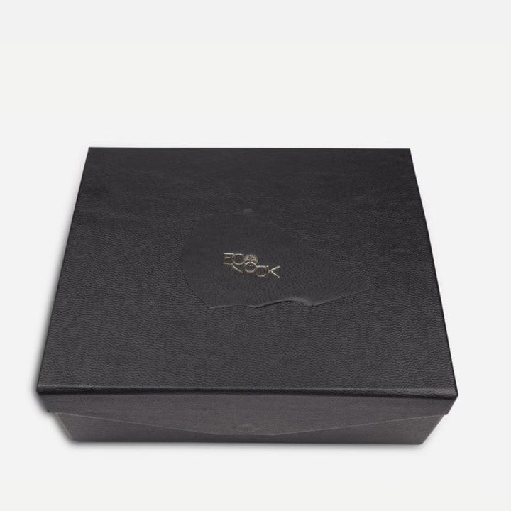 Black textured rectangular gift box with gold embossed ECO ROCK logo on top