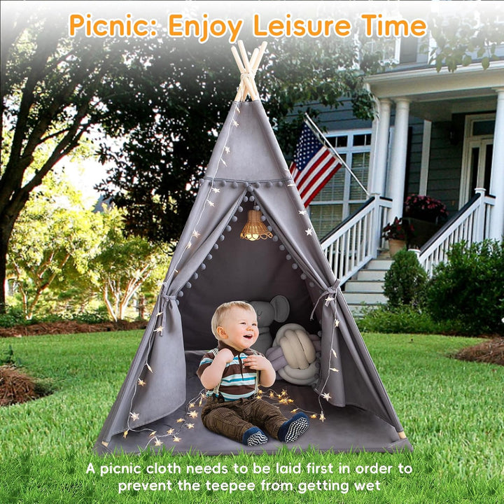Kids Teepee Tent with Mat & Star Lights