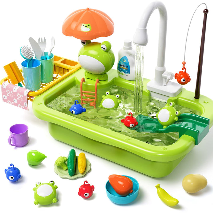 Play Sink with Running Water Kitchen Play Sink Toy with Electric Faucet Play Kitchen Accessories Floating Pool Toys & Fishing Game Kids Pretend Play-Dishwasher Play Set for Boys Girls Toddlers