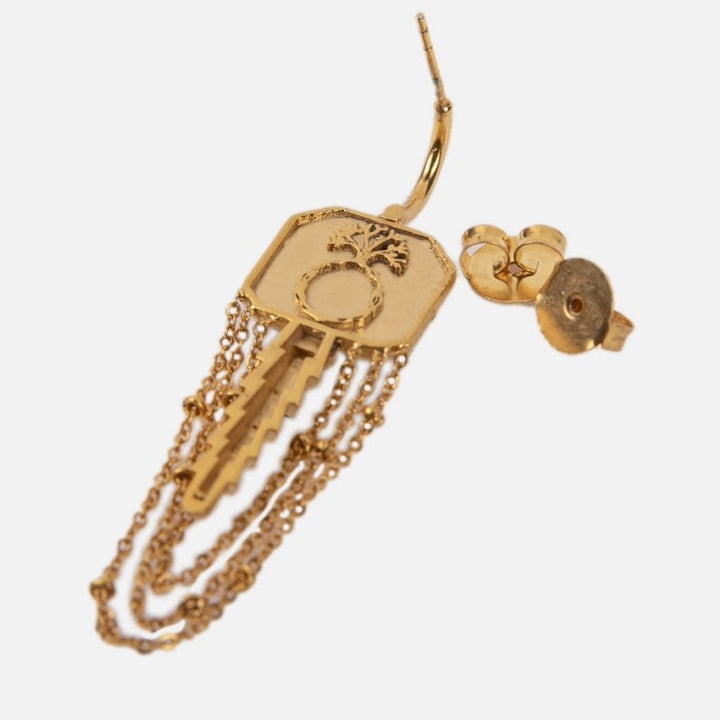 Gold-toned earring with pomegranate design, geometric shape, and hanging chain details on white background