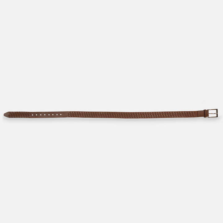 Timeless tan leather male waist belt with woven design and metal buckle on white background