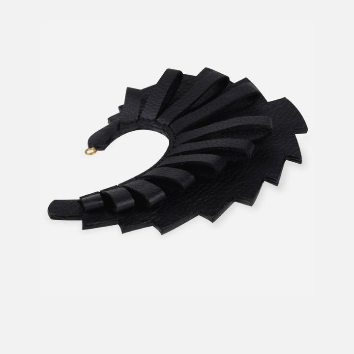 Black leather adjustable earcuff with layered, fan-shaped design and small gold detail
