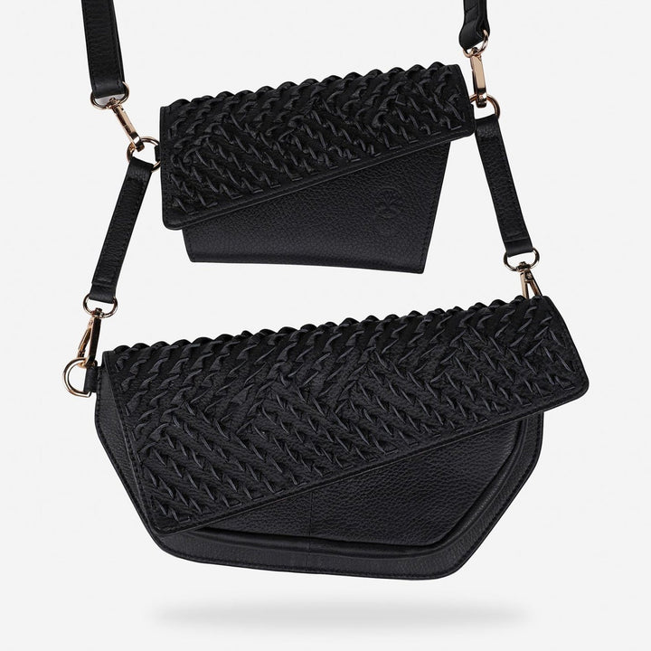 Handcrafted black leather crossbody bag and small wallet with woven detailing and detachable straps