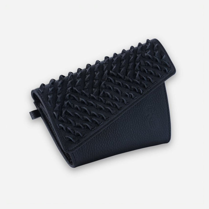 Timeless black leather wallet with woven textured flap handcrafted in India on white background