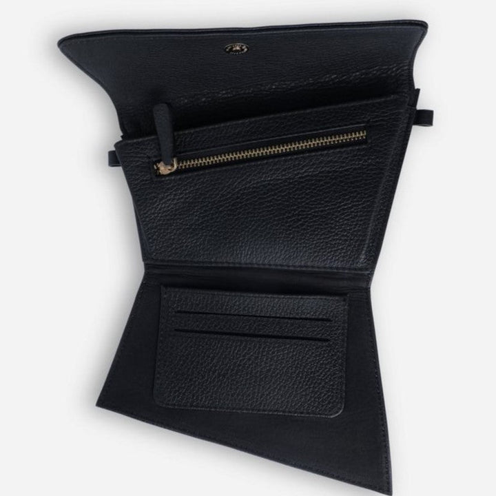 Open black leather wallet with zipper pocket and card slots, textured finish
