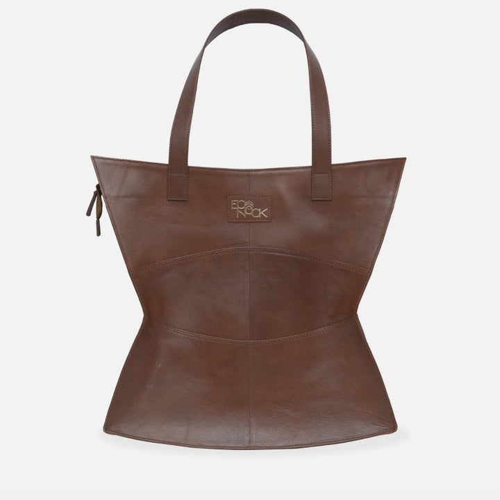 brown upcycled leather tote bag with unique hourglass shape and double handles on white background