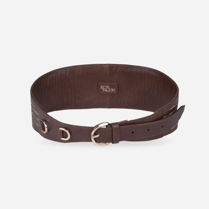 Dark brown leather adjustable waist belt with metallic buckle and D-ring accents