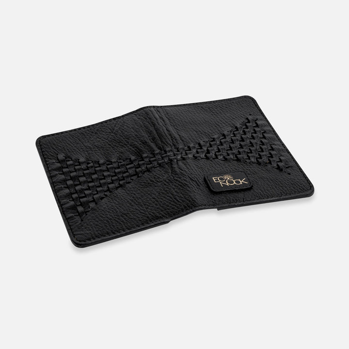 Open black leather EcoRock wallet with textured design and logo patch on white background