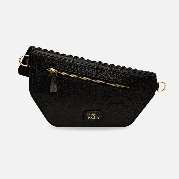 Black leather waist bag with gold zipper and logo, textured surface, and braided edge detail