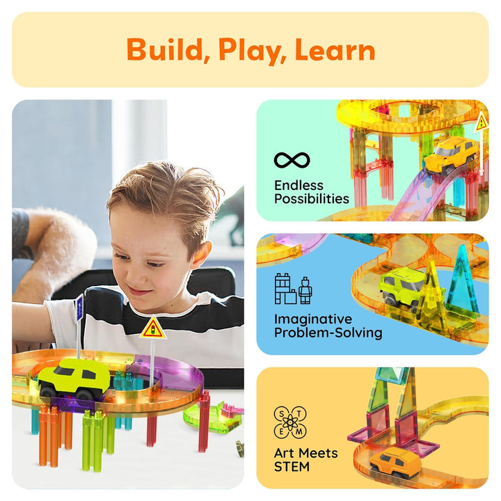 PicassoTiles 60-Piece Magnetic Race Car Track Set