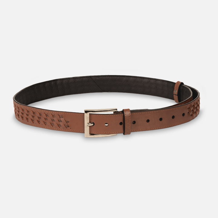 Timeless tan leather men's waist belt with silver buckle and textured details, handcrafted in India