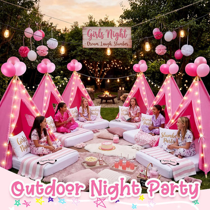 2-Piece Pink Kids Teepee Tent with Airbed & Star Lights