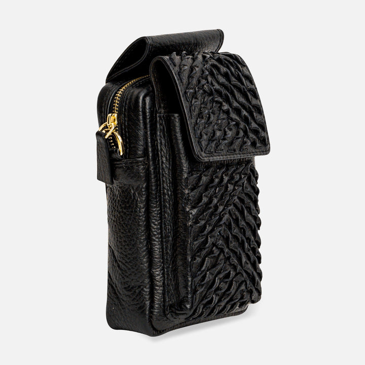 Black textured leather crossbody bag with woven front pocket and gold zipper
